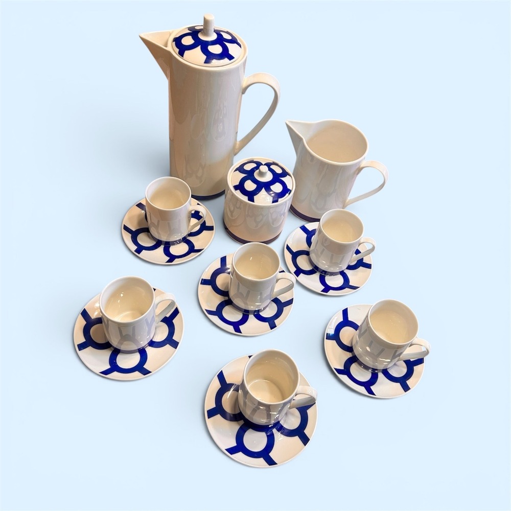 Vintage LBL Lubiana Poland Porcelain Coffee Set Mid Century Modern Blue Geometri - Picture 2 of 9